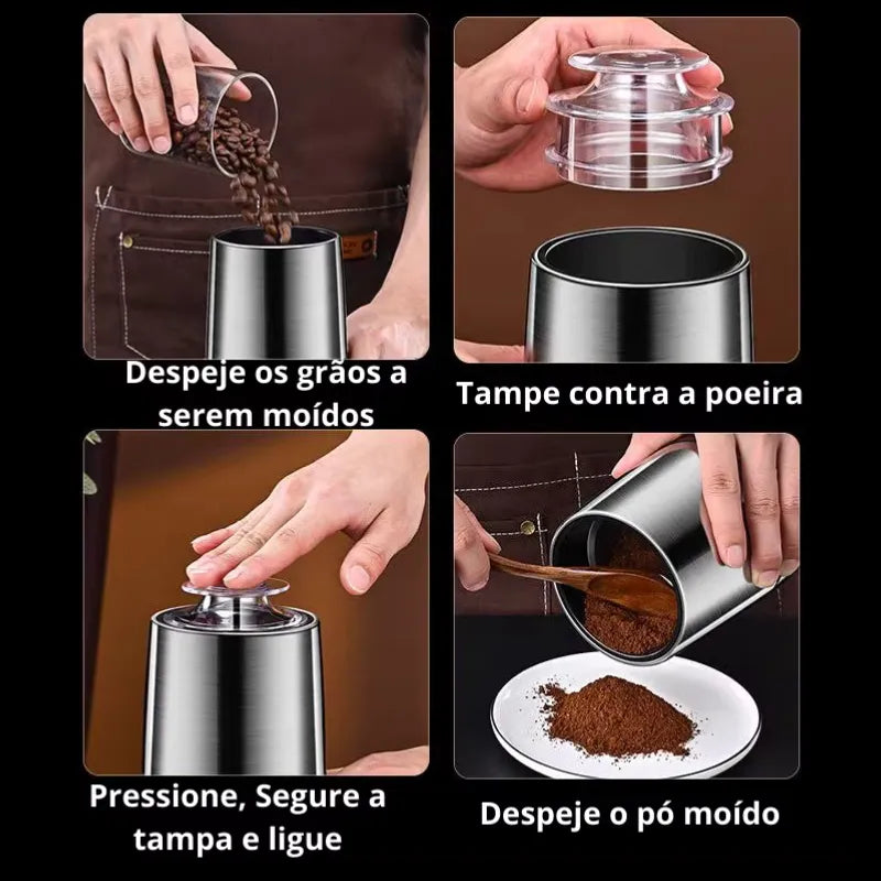 Moedor de café elétrico em aço inox com botão de pressão e lâmina interna para grãos, especiarias e alimentos secos