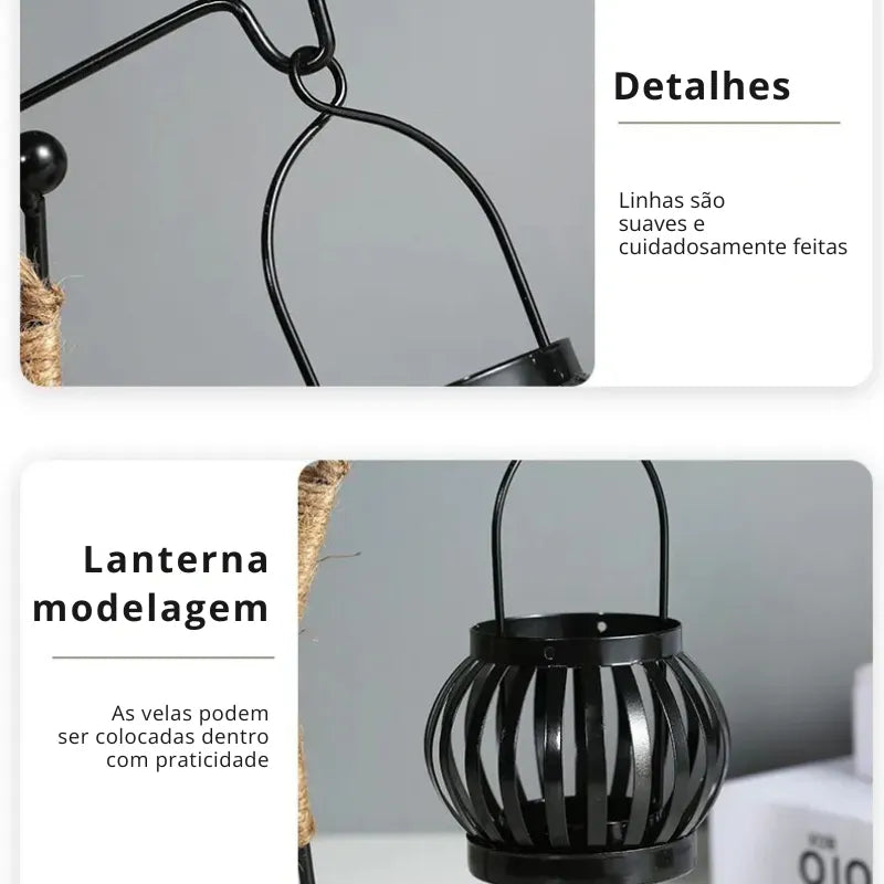 Castiçal escultura em ferro com figura abstrata e porta‑vela em forma de gaiola