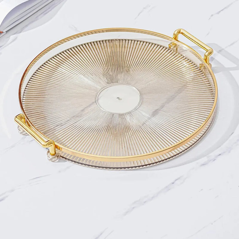 Bandeja acrílica redonda com alça dourada, âmbar para decoração e organização Casa Splendida.