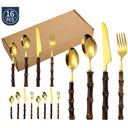 Jogo de talheres inox com cabos de bambu natural escuro, conjunto 16/24 peças