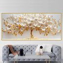 Quadro decorativo Árvore da Vida 110x70 com pétalas brancas e douradas, ideal para salas sofisticadas.