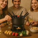 Kit fondue completo com 11 peças, ideal para 6 pessoas, com panela e rechaud.