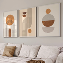 Kit com 3 quadros abstratos geométricos em tons de terracota, moldura de madeira com ou sem vidro, ideal para sala moderna.