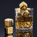 Kit com cubos dourados reutilizáveis para whisky. Aço inox, pinça de servir e estojo. Sofisticação ao servir sem diluir.