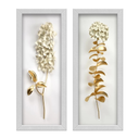 Kit com 2 quadros florais dourado e branco, moldura em madeira, vidro incolor, ideal para lavabo, sala, corredor ou cozinha.