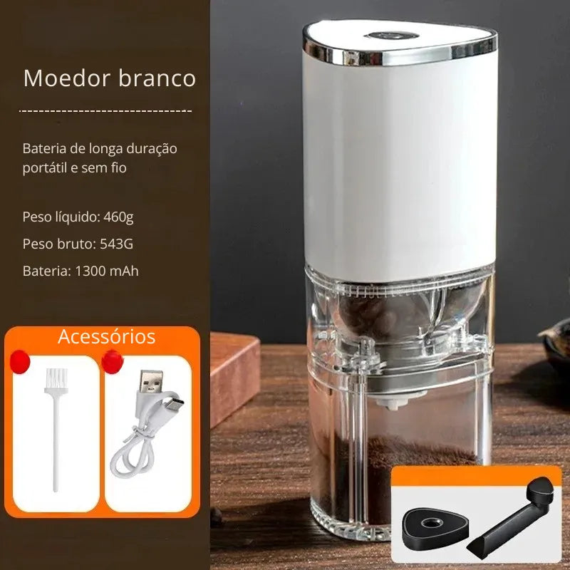Moedor elétrico de café portátil branco com recarga USB e ajuste de moagem