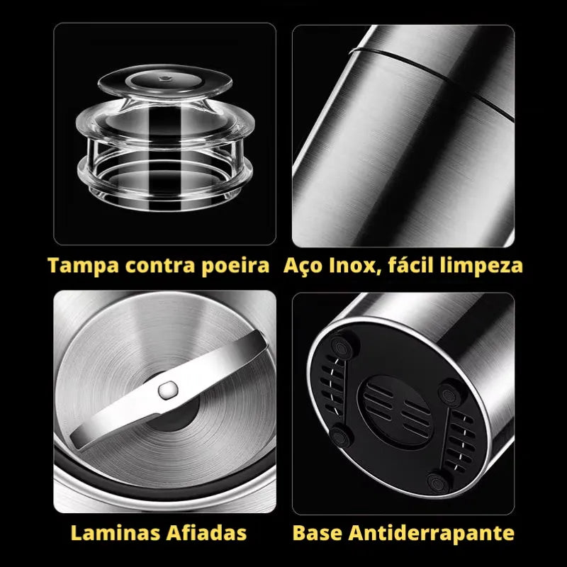 Moedor de café elétrico em aço inox com botão de pressão e lâmina interna para grãos, especiarias e alimentos secos