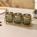 kit de potes para temperos verde fumê com aro dourado e suporte dourado – Casa Splendida