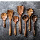 Kit de utensílios de cozinha em madeira teca com 7 peças – ideal para panelas antiaderentes e preparo do dia a dia