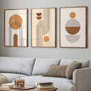 Kit com 3 quadros abstratos geométricos em tons de terracota, moldura de madeira com ou sem vidro, ideal para sala moderna.
