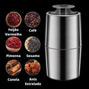 Moedor de café elétrico em aço inox com botão de pressão e lâmina interna para grãos, especiarias e alimentos secos