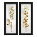 Kit com 2 quadros florais dourado e branco, moldura em madeira, vidro incolor, ideal para lavabo, sala, corredor ou cozinha.