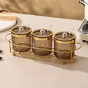 kit de potes para temperos âmbar com aro dourado e suporte dourado – Casa Splendida