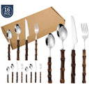 Jogo de talheres inox com cabos de bambu natural escuro, conjunto 16/24 peças