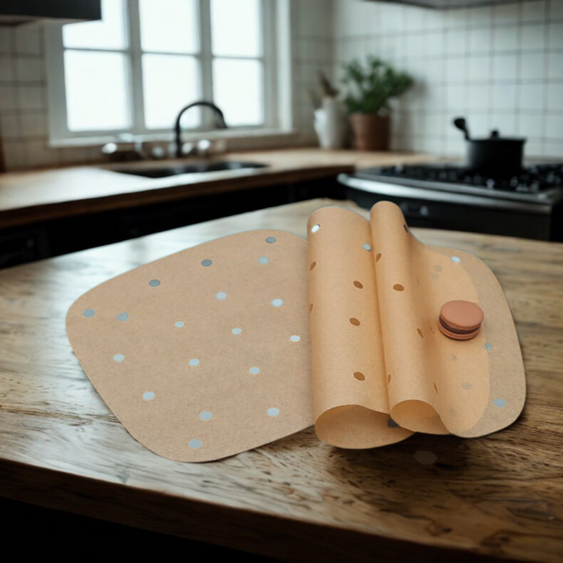Papel perfurado antiaderente para air fryer 8.5" – 100 unidades