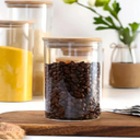 Kit com 5 potes de vidro com tampa de bambu de 650ml a 1750ml — sofisticação funcional para organizar sua cozinha.