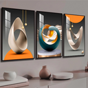 Kit com 3 quadros abstratos geométricos, tons de cinza e laranja, tamanho 50x30, ideal para decoração moderna de salas.