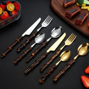 Jogo de talheres inox com cabos de bambu natural escuro, conjunto 16/24 peças