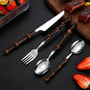 Jogo de talheres inox com cabos de bambu natural escuro, conjunto 16/24 peças