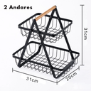 Fruteira de mesa com estrutura aramada preta e alça de madeira — charme e organização com presença decorativa.