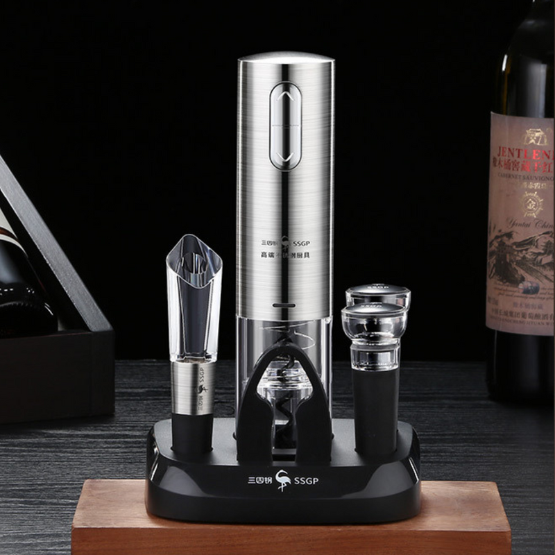 Abridor de vinho automático com botão de toque e corpo inox – prático, silencioso e elegante para o dia a dia