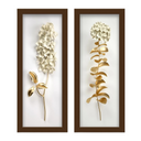 Kit com 2 quadros florais dourado e branco, moldura em madeira, vidro incolor, ideal para lavabo, sala, corredor ou cozinha.