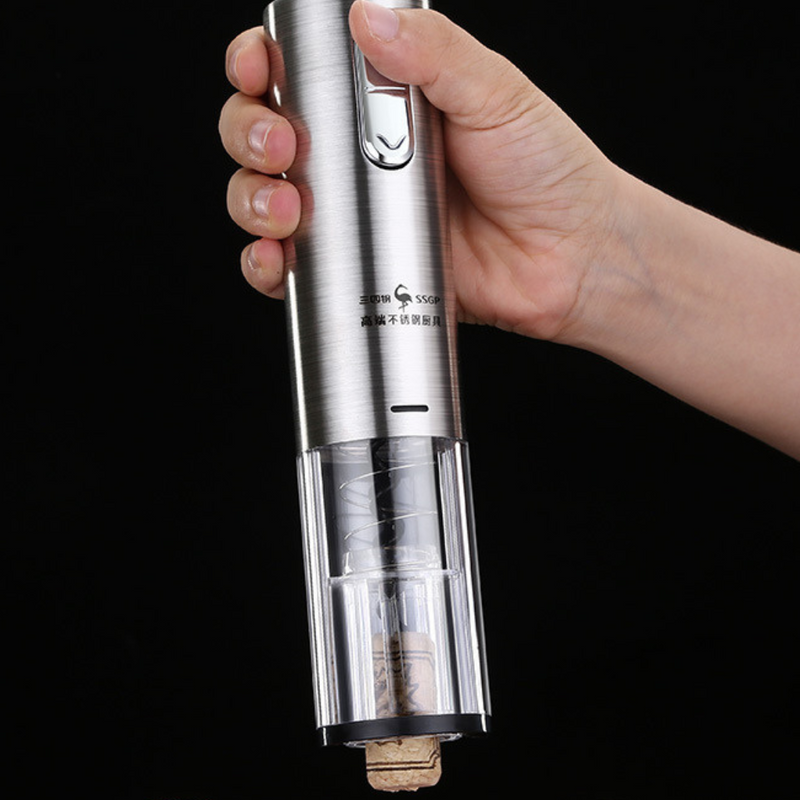 Abridor de vinho automático com botão de toque e corpo inox – prático, silencioso e elegante para o dia a dia