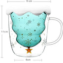 Imagem técnica mostrando medidas, capacidade e detalhes da Caneca de Natal Casa Splendida de vidro borossilicato de parede dupla.