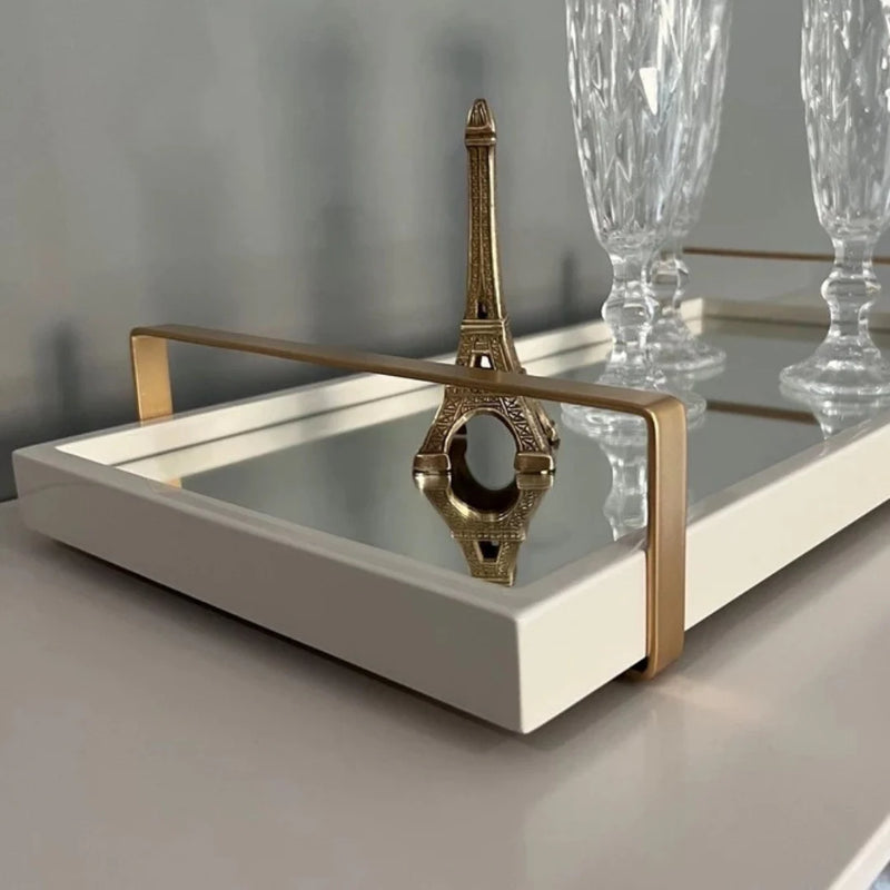 Bandeja decorativa espelhada off white com alças cromadas