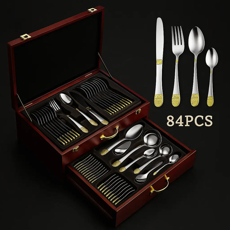 Faqueiro inox 84 peças com banho ouro 24k e maleta premium de madeira