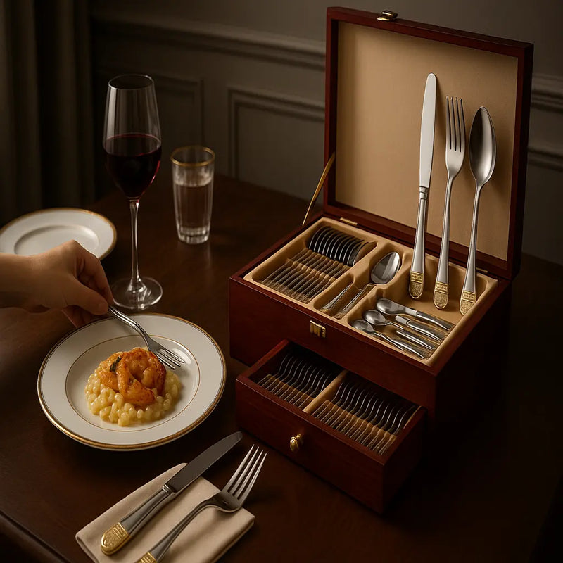 Faqueiro inox 84 peças com banho ouro 24k e maleta premium de madeira