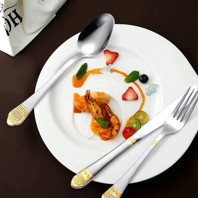 Faqueiro inox 84 peças com banho ouro 24k e maleta premium de madeira