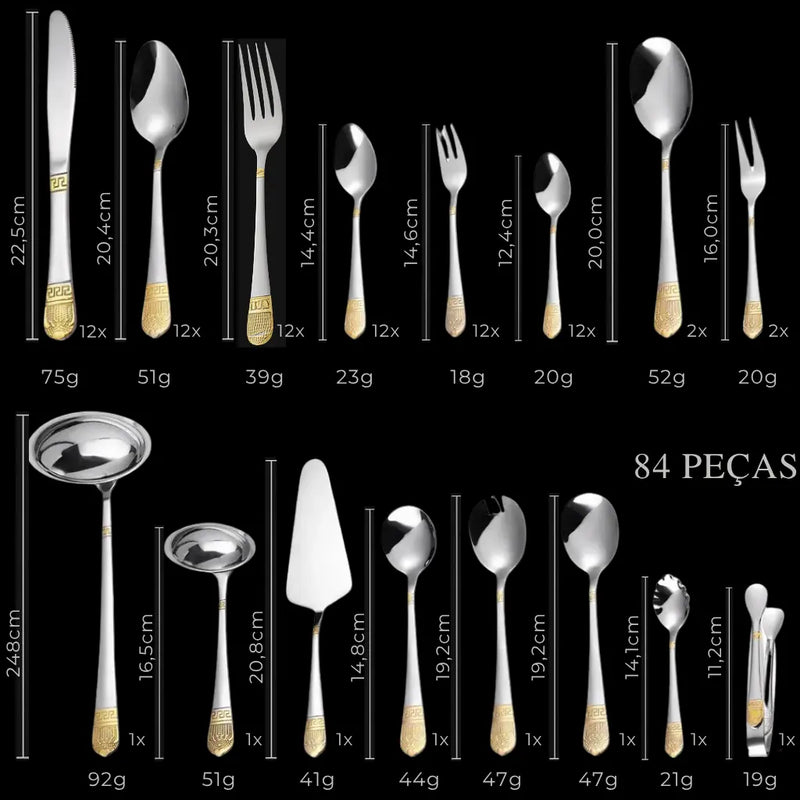 Faqueiro inox 84 peças com banho ouro 24k e maleta premium de madeira