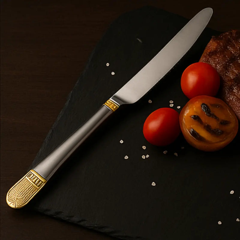 Faqueiro inox 84 peças com banho ouro 24k e maleta premium de madeira