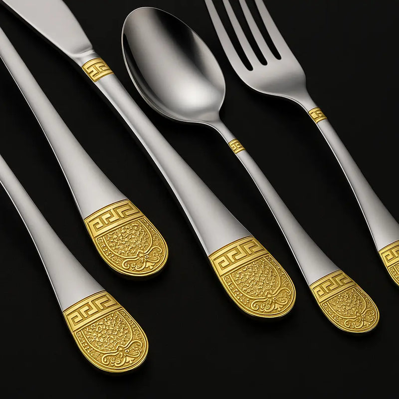 Faqueiro inox 84 peças com banho ouro 24k e maleta premium de madeira