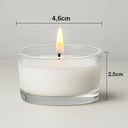 Imagem técnica do castiçal de vidro baixo com medidas detalhadas, compatível com velas tealight.