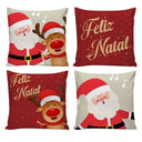 Capa de almofada natalina vermelha com estampa de Papai Noel segurando presente, tamanho 45x45cm.
