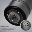 Moedor de café elétrico portátil preto com botão liga/desliga e copo transparente para café moído