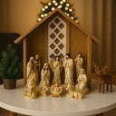 Presépio de Natal completo em gesso resinado com 12 peças em e Natal iluminadas.