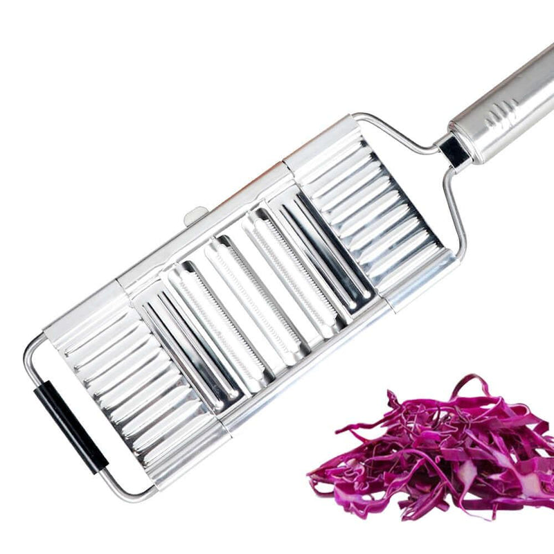 Ralador profissional de legumes em inox com 4 lâminas intercambiáveis e alça antiderrapante.