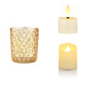 Kit 3 porta-velas de vidro dourado com textura clássica iluminados por velas