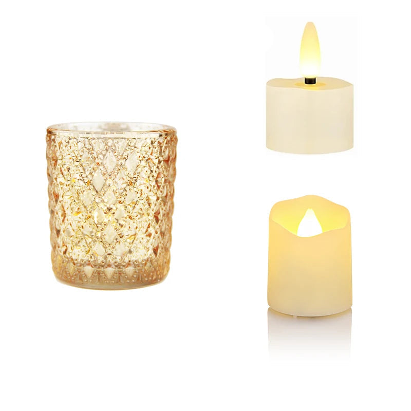 Kit 3 porta-velas de vidro dourado com textura clássica iluminados por velas