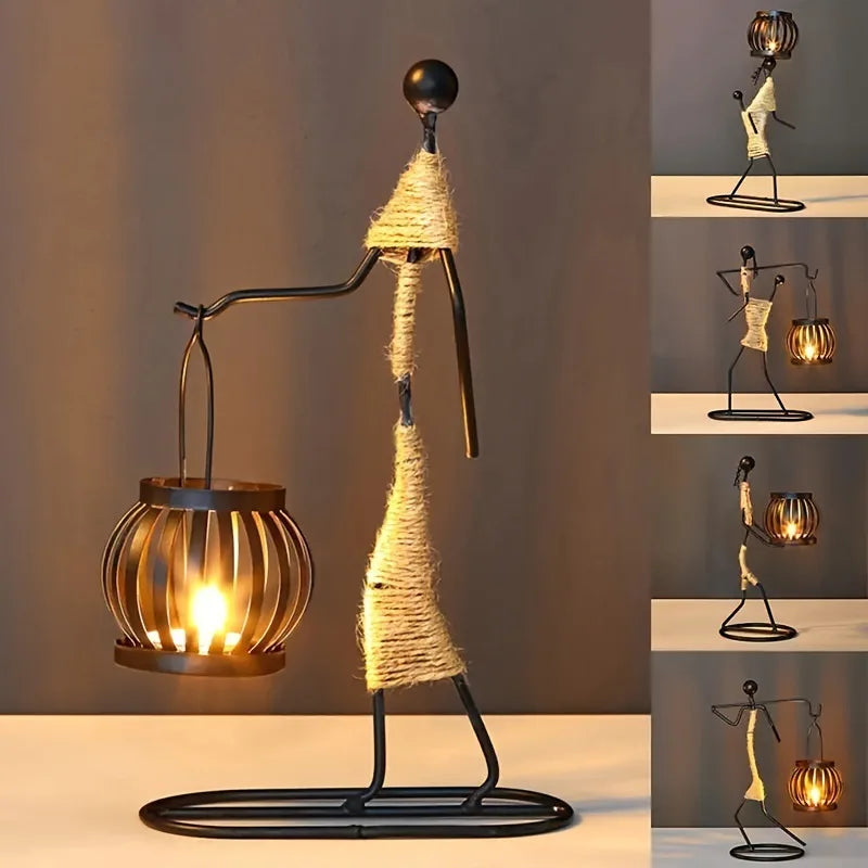 Castiçal personagem minimalista em metal preto com suporte de vela redondo