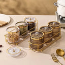 kit de potes para temperos âmbar com aro dourado e suporte dourado – Casa Splendida