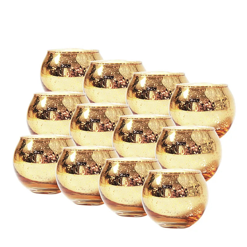 Kit 12 porta-velas de vidro dourado com acabamento metálico pontilhado