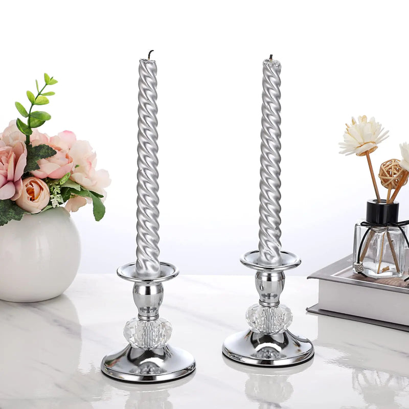 Kit 2 castiçais prateados com detalhe em cristal lapidado para velas finas