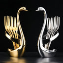 Suporte cisne dourado e prata com talheres em inox para sobremesa