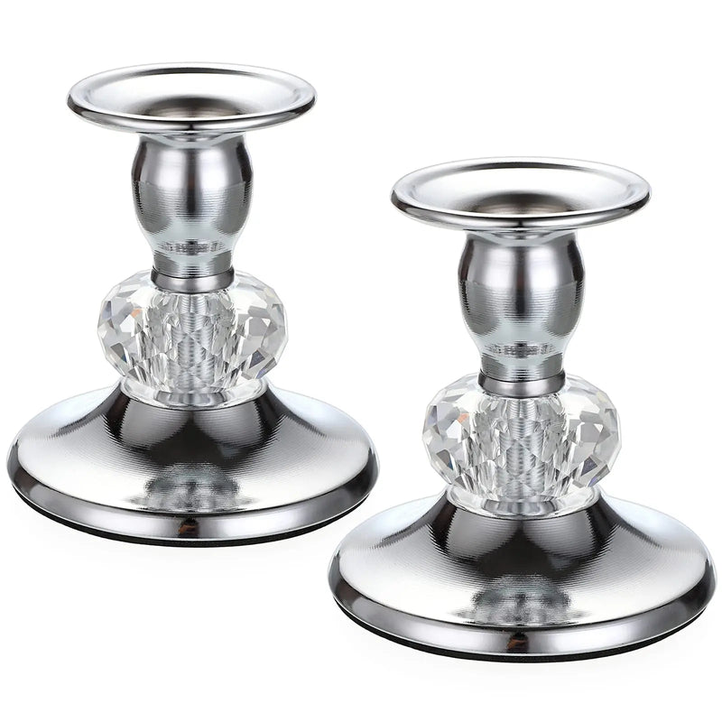 Kit 2 castiçais prateados com detalhe em cristal lapidado para velas finas