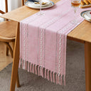 Caminho de mesa verde boho com franjas de algodão e linho, estilo rústico farmhouse, decoração para mesa de jantar