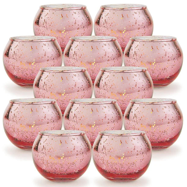 Kit 12 porta-velas de vidro Mercury rosa com acabamento metálico pontilhado